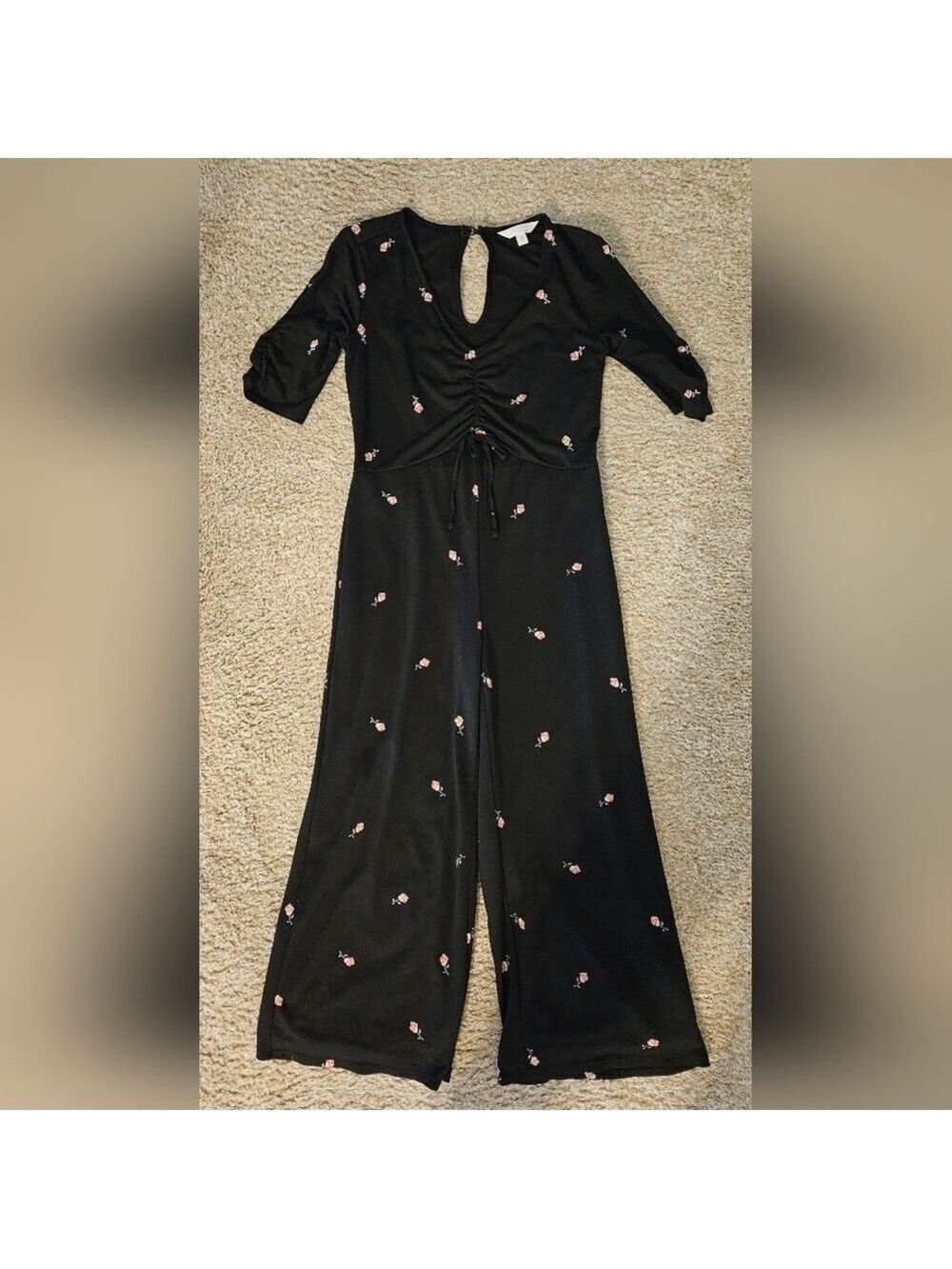 LAUREN CONRAD BLACK FLORAL JUMPSUIT RUCHED BODICE & SHORT SLEEVES SIZE XS